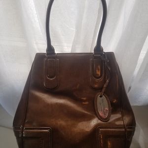 Gorgeous copper colored, shiny patent handbag